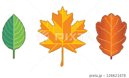 Pixel art leaves set. Maple, oak and birch foliage seasonal design for video game icons - vector. 126621878
