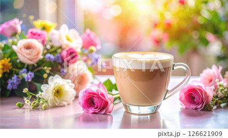 カフェラテとペールピンクのばらのお花 126621909