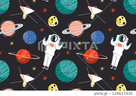 Seamless pattern in flat cartoon style with astronaut, space probe, planets, asteroids. Playful vector illustration for childrens textiles, books, wallpaper, wrapping paper, educational materials 126621916