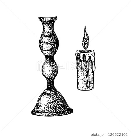 Vintage candleholder with burning candle. Black graphic illustration with white plate isolated from background. Halloween candelabrum and candle for retro church or Gothic designs, esoteric. Vector 126622102