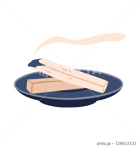 Wooden incense sticks with aromatic smoke resting on a plate. Natural incense and meditation concept. Hand drawn vector illustration. 126622132