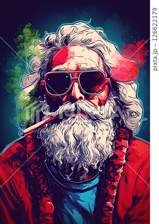Santa Claus smoking a cannabis joint. Christmas concept art. Illustrated poster design. Ai Generative 126622179