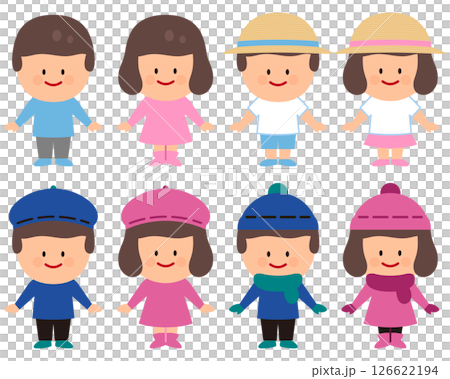 Illustration set of children wearing spring, summer, autumn and winter clothes 126622194