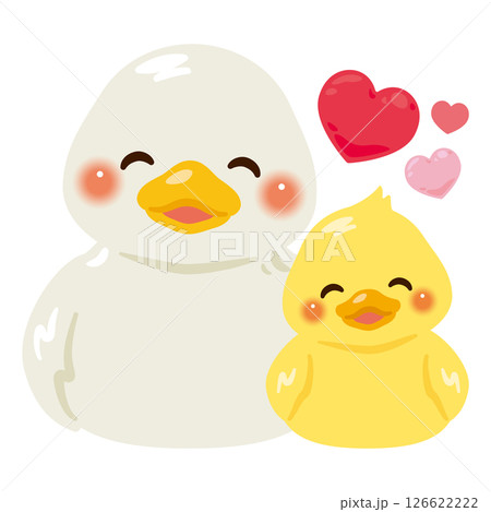 お座りした笑顔のアヒルの親子イラストセット 126622222