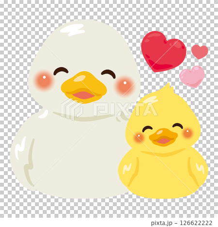 お座りした笑顔のアヒルの親子イラストセット 126622222
