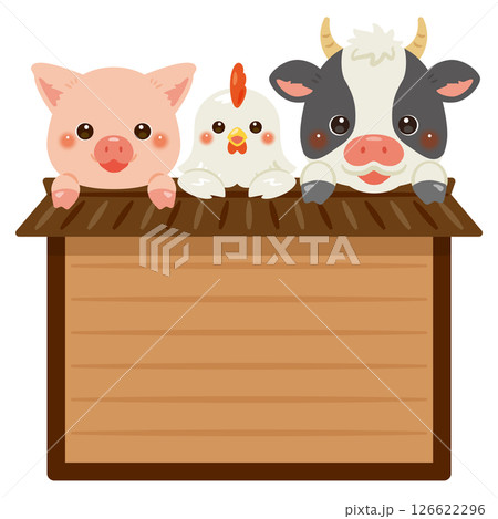 木製看板に乗ったウシ、ニワトリ、ブタのキャラクターイラスト 126622296