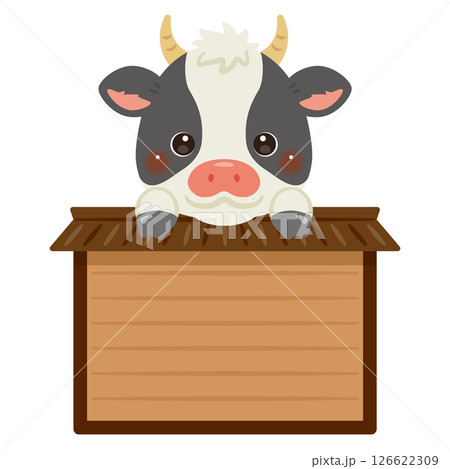 木製看板に乗ったウシのキャラクターイラスト 126622309