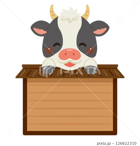 木製看板に乗った笑顔のウシのキャラクターイラスト 126622310