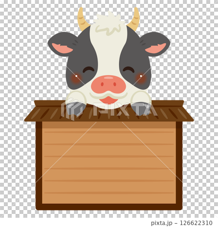木製看板に乗った笑顔のウシのキャラクターイラスト 126622310