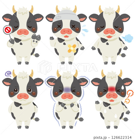 様々な状態のウシのキャラクターイラストセット 126622314
