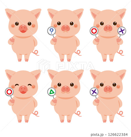 ○×△の札を持ったブタのキャラクターイラストセット 126622384