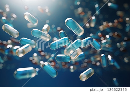 Pills and tablets falling. Medication and healthcare concept. Generative Ai 126622556