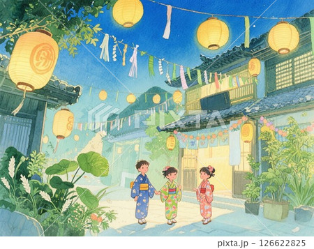 イラスト素材:夏祭りの夜、女の子3人 イラスト素材:夏祭りの夜、女の子3人 126622825
