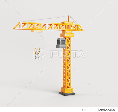 Tower crane with boom, hook and control cabin. Industrial machinery for building house on construction site. Yellow equipment for loading and unloading materials. Cartoon render icon. 3D illustration 126622830