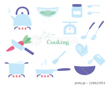料理する時に必要な道具のイラストセット、カラー 126622953
