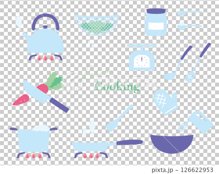 料理する時に必要な道具のイラストセット、カラー 126622953