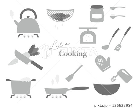料理する時に必要な道具のイラストセット、モノクロ 126622954