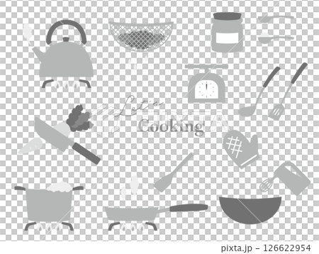 料理する時に必要な道具のイラストセット、モノクロ 126622954