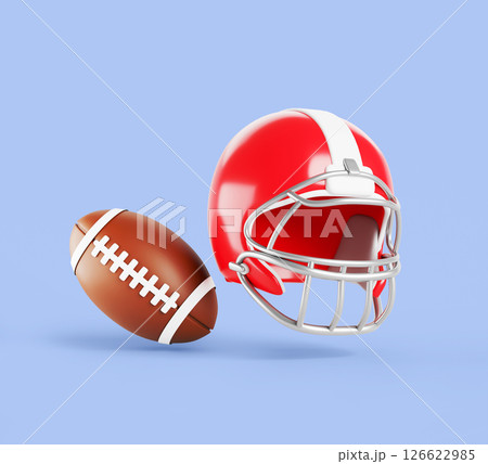 American football gridiron ball and helmet for head safety. Rugby soccer protection helm with carbon steel facemask render. Sport league and super bowl championship game element set. 3D illustration 126622985
