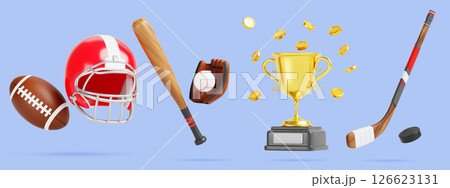 3d sport game equipment render icon set. American football helmet and ball, baseball bit and leather glove, hockey stick and puck, champion cup with gold coin for winner or bet design. 3D illustration 126623131