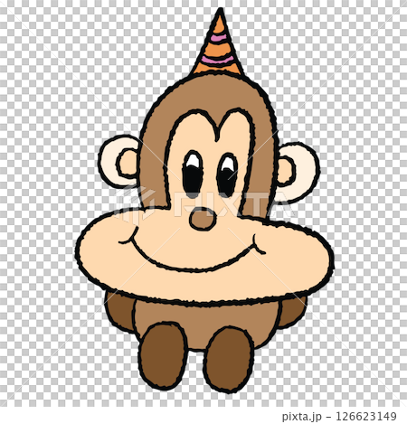 Hand drawn monkey wearing party hat in crayon style for animal, zoo, amusement park, sticker, cartoon character, comic, mascot, plush toy, kid doll, cute patch, brooch, tattoo, shirt print, icon, logo 126623149