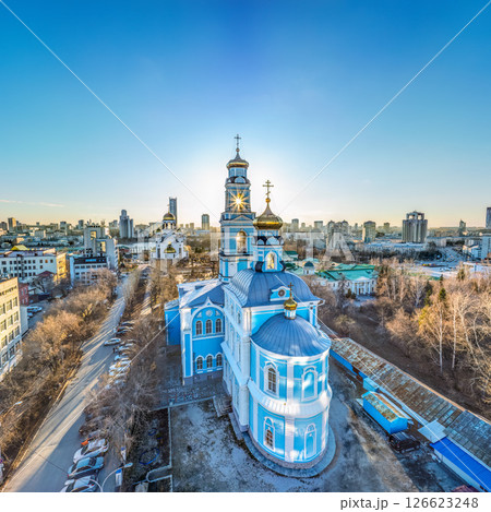 Spring or Autumn Yekaterinburg, Temple of the Ascension and Temple on Blood in beautiful clear sunset. 126623248
