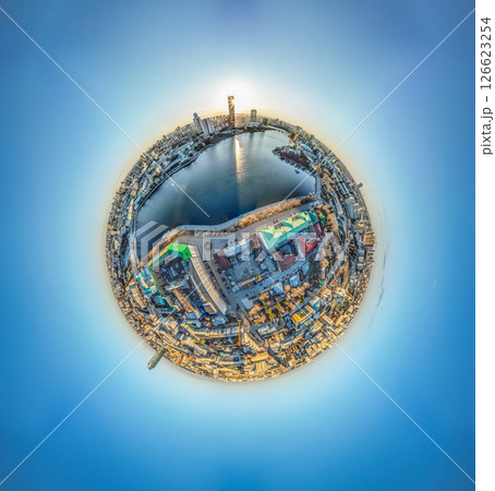 Yekaterinburg city with Buildings of Regional Government and Parliament, Dramatic Theatre, Iset Tower, Yeltsin Center, Aerial View. Little planet sphere mode Yekaterinburg city with Buildings of Regional Government and Parliament, Dramatic Theatre, Iset Tower, Yeltsin Center, Aerial View. Little planet sphere mode 126623254