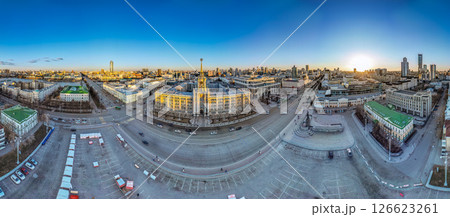 Yekaterinburg City Administration or City Hall. Central square. Evening city in the early spring, Aerial View. 126623261
