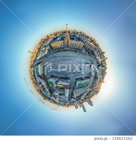 Yekaterinburg City Administration or City Hall. Central square. Evening city in the early spring, Aerial View. Little planet sphere mode. 126623262