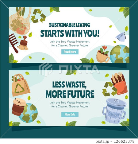 Flat Ecologic Zero Waste Horizontal Banner Setのイラスト素材 [126623379] - PIXTA