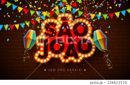 Festa Junina Banner Illustration with Party Flags, Paper Lantern and Sao Joao Light Bulb Billboard Letter on Brick Wall Background. Vector Brazil June Festival Design Template for Post Card, Greeting Festa Junina Banner Illustration with Party Flags, Paper Lantern and Sao Joao Light Bulb Billboard Letter on Brick Wall Background. Vector Brazil June Festival Design Template for Post Card, Greeting 126623519