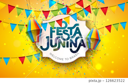 Festa Junina Banner Design with Party Flags, Paper Lantern and Typography Lettering on Yellow Falling Confetti Background. Vector Brazil Sao Joao June Festival Illustration for Greeting Card, Banner 126623522