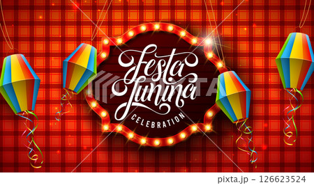 Festa Junina Banner Illustration with, Paper Lantern and Light Bulb Billboard on Red Checkered Background. Vector Brazil June Sao Joao Festival Design Template for Post Card, Greeting Card, Holiday Festa Junina Banner Illustration with, Paper Lantern and Light Bulb Billboard on Red Checkered Background. Vector Brazil June Sao Joao Festival Design Template for Post Card, Greeting Card, Holiday 126623524