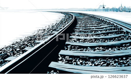 白黒で描かれたカーブする鉄道線路のアート 白黒で描かれたカーブする鉄道線路のアート 126623637