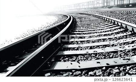 白黒で描かれたカーブする鉄道線路のアート 126623641