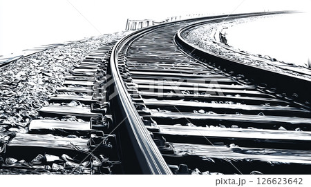 白黒で描かれたカーブする鉄道線路のアート 126623642