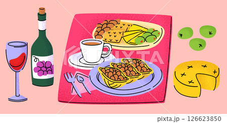 Cheese plate and wine glass illustrations 126623850