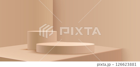 Beige round podium display Beige round podium display 126623881