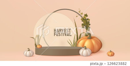 Harvest festival podium stage with pumpkins 126623882