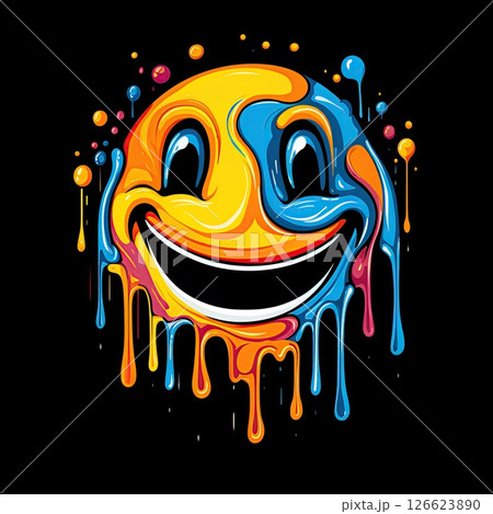 Smiling face emoji on black background. T shirt, poster design. Ai Generative 126623890