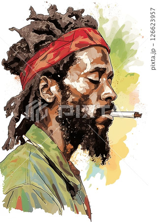 Rastafari smoking marijuana. Cannabis smoker. Poster design. Generative Ai 126623957