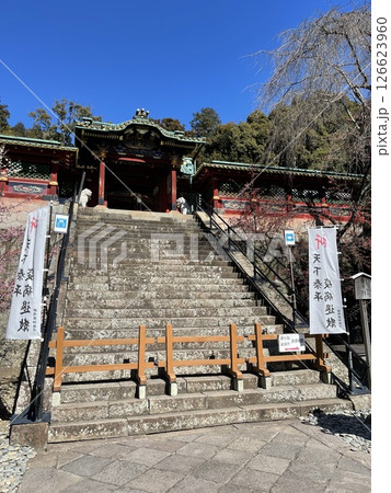 青空に映える朱色山門、徳川家康公を祀る久能山東照宮の風景 青空に映える朱色山門、徳川家康公を祀る久能山東照宮の風景 126623960