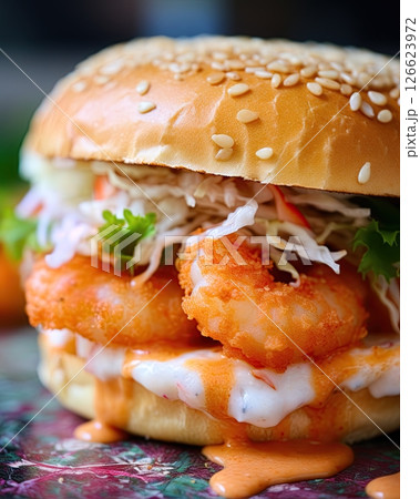 Calamari burger. Seafood sandwich. Generative Ai 126623972