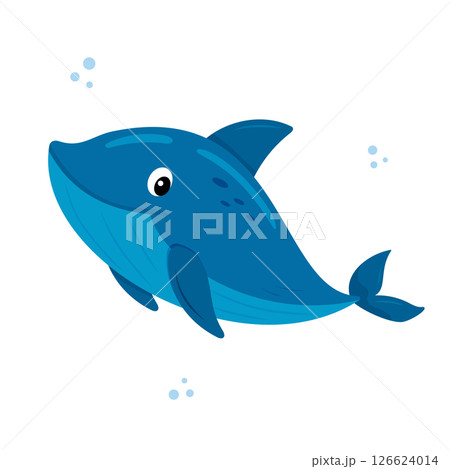 Adorable blue whale with playful expression on white background, marine life and ocean animals 126624014