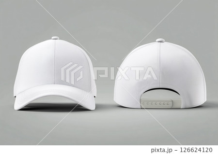分離された白キャップの製品画像、前後の視点、ブランディング展示向けのシンプルスタイル 126624120