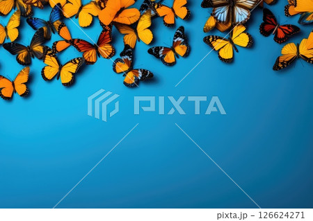 Colorful butterflies on blue background. spring pattern nature background. 126624271