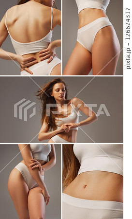 Beauty collage. Elegant softness. Female body in white lingerie posing showing delicate posture and flat belly against neutral gray studio background Beauty collage. Elegant softness. Female body in white lingerie posing showing delicate posture and flat belly against neutral gray studio background 126624317