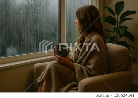 雨の日に窓の外を見つめる女性 126624341