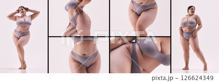 Beauty collage. Confident body celebration. Curvy woman in gray lingerie posing with open posture and relaxed mood against soft pink background. Beauty collage. Confident body celebration. Curvy woman in gray lingerie posing with open posture and relaxed mood against soft pink background. 126624349