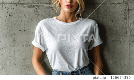 白い無地Tシャツを着た女性 白い無地Tシャツを着た女性 126624350